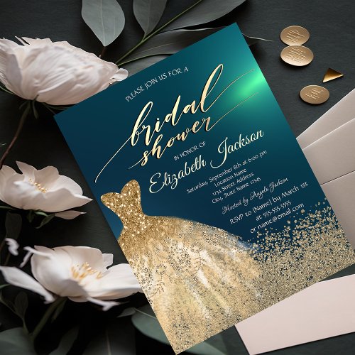 Elegant Gold Diamonds Dress Green Bridal Shower  Invitation