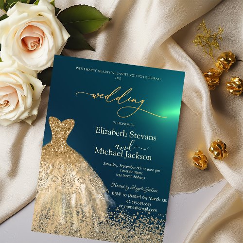 Elegant Gold Diamonds Dress Green Wedding Invitation