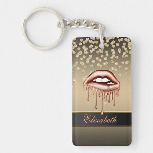 Elegant Gold Diamonds  Metallic Dripping Lips Keychain