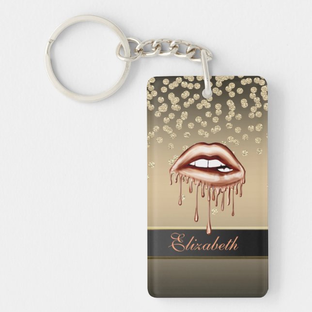 Elegant Gold Diamonds  Metallic Dripping Lips Keychain (Front)