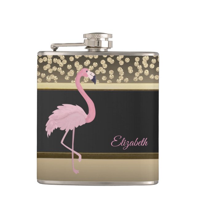 Elegant Gold Diamonds, Pink Flamingo-Personalized Flask (Front)