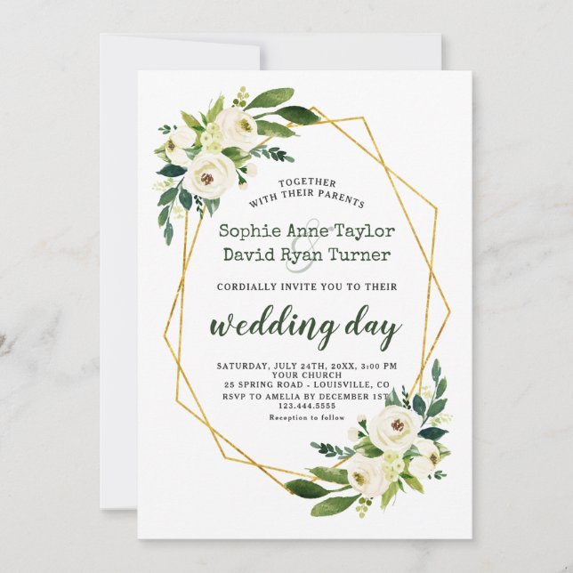 Elegant Gold Diamonds White Green Floral Wedding Invitation (Front)