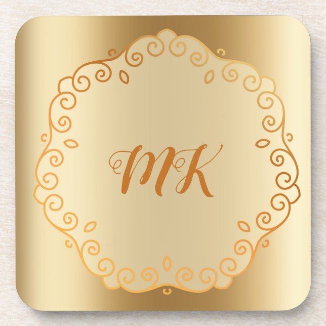 Elegant Gold Doily Design Monogrammed Beverage Coaster (Front)