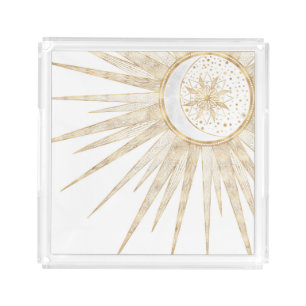 Elegant Gold Doodles Sun Moon Mandala Design Acrylic Tray