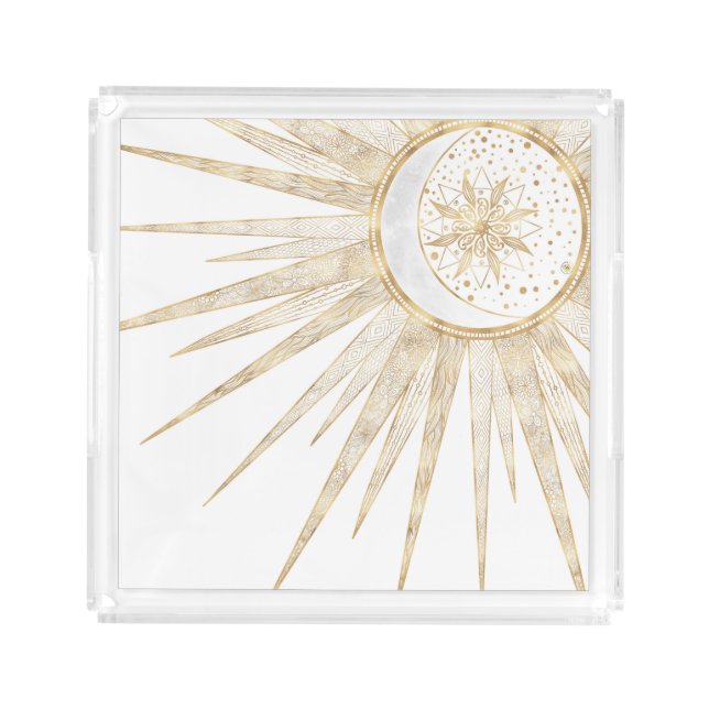 Elegant Gold Doodles Sun Moon Mandala Design Acrylic Tray (Front)