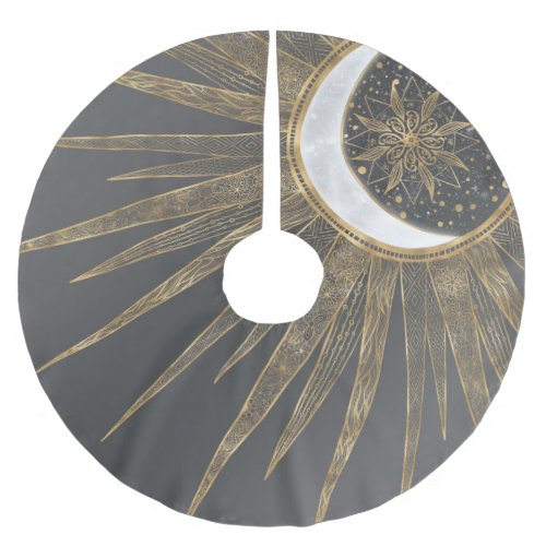 Elegant Gold Doodles Sun Moon Mandala Design Brushed Polyester Tree Skirt
