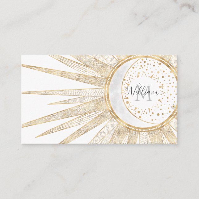 Elegant Gold Doodles Sun Moon Mandala Design Business Card (Front)