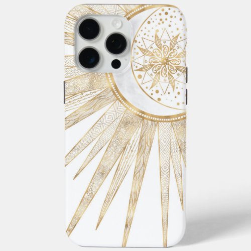 Elegant Gold Doodles Sun Moon Mandala Design iPhone 15 Pro Max Case