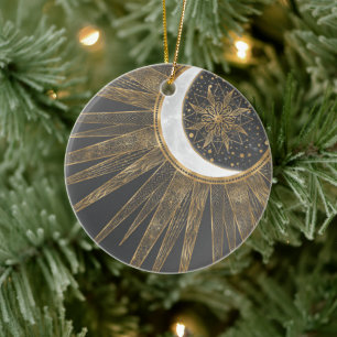 Elegant Gold Doodles Sun Moon Mandala Design Ceramic Ornament