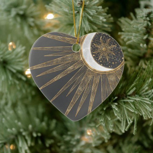 Elegant Gold Doodles Sun Moon Mandala Design Ceramic Ornament
