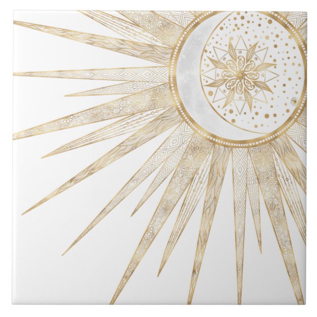 Elegant Gold Doodles Sun Moon Mandala Design Ceramic Tile (Front)
