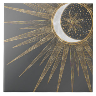 Elegant Gold Doodles Sun Moon Mandala Design Ceramic Tile