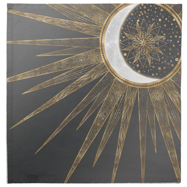 Elegant Gold Doodles Sun Moon Mandala Design Cloth Napkin (Front)