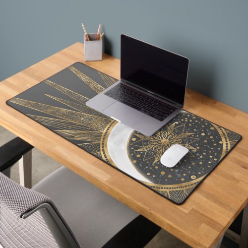 Elegant Gold Doodles Sun Moon Mandala Design Desk Mat