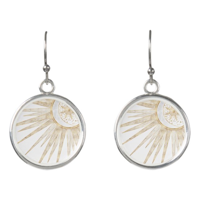 Elegant Gold Doodles Sun Moon Mandala Design Earrings (Front)