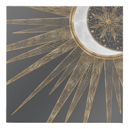 Elegant Gold Doodles Sun Moon Mandala Design Faux Canvas Print