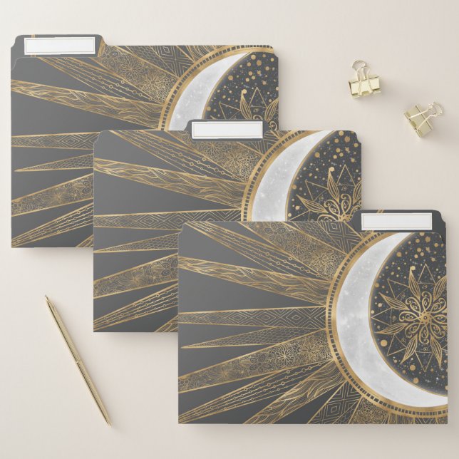 Elegant Gold Doodles Sun Moon Mandala Design File Folder (Set)