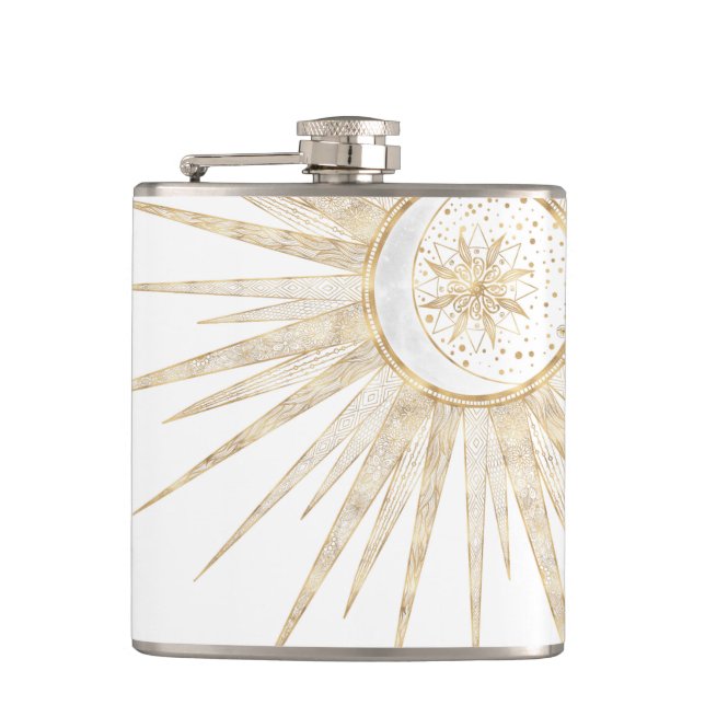 Elegant Gold Doodles Sun Moon Mandala Design Flask (Front)