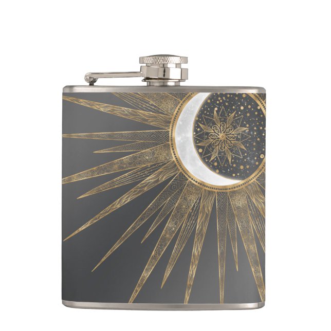 Elegant Gold Doodles Sun Moon Mandala Design Flask (Front)