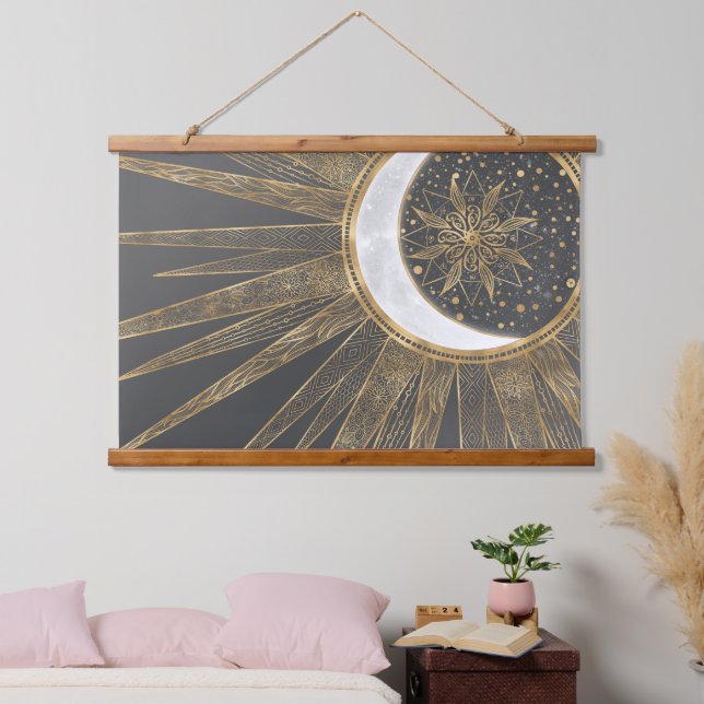 Elegant Gold Doodles Sun Moon Mandala Design Hanging Tapestry (Bedroom)