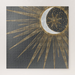 Elegant Gold Doodles Sun Moon Mandala Design Jigsaw Puzzle