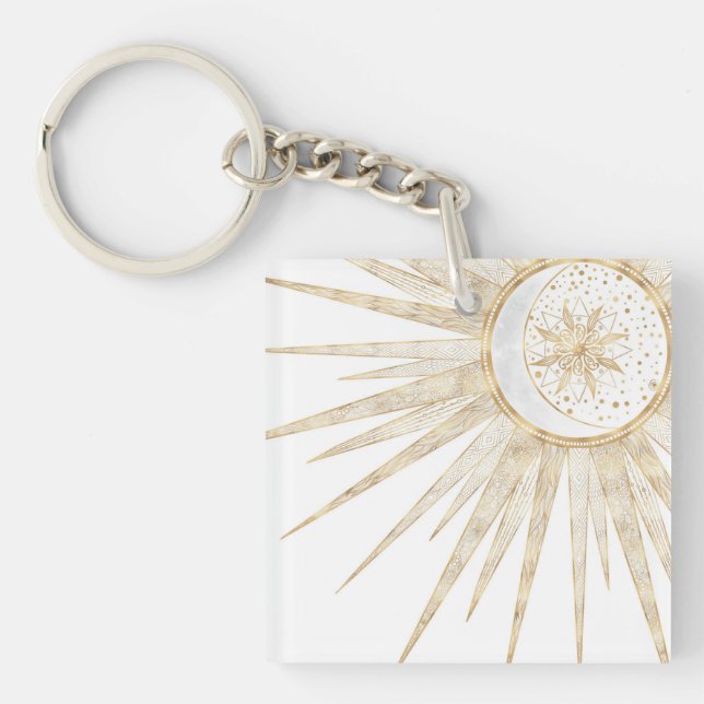 Elegant Gold Doodles Sun Moon Mandala Design Keychain (Front)