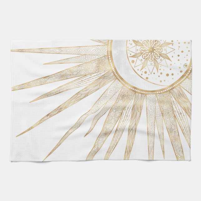 Elegant Gold Doodles Sun Moon Mandala Design Kitchen Towel (Horizontal)