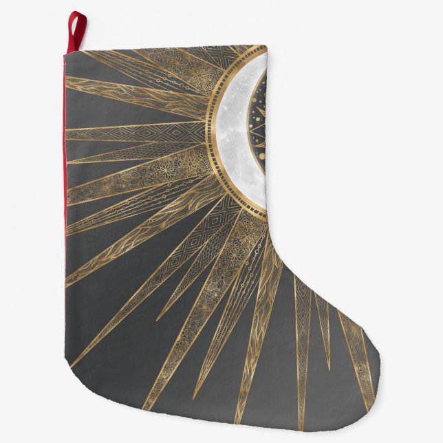 Elegant Gold Doodles Sun Moon Mandala Design Large Christmas Stocking (Front)
