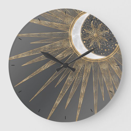 Elegant Gold Doodles Sun Moon Mandala Design Large Clock
