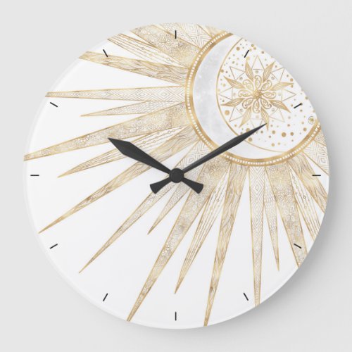 Elegant Gold Doodles Sun Moon Mandala Design Large Clock