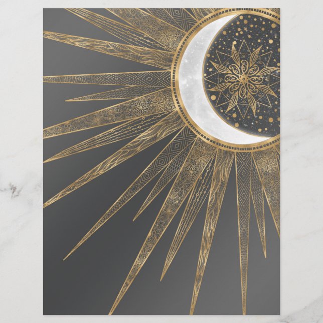 Elegant Gold Doodles Sun Moon Mandala Design Letterhead (Front)