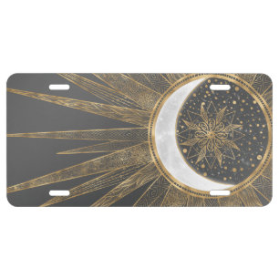Elegant Gold Doodles Sun Moon Mandala Design License Plate