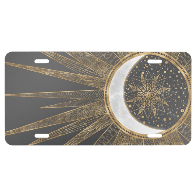 Elegant Gold Doodles Sun Moon Mandala Design License Plate (Front)