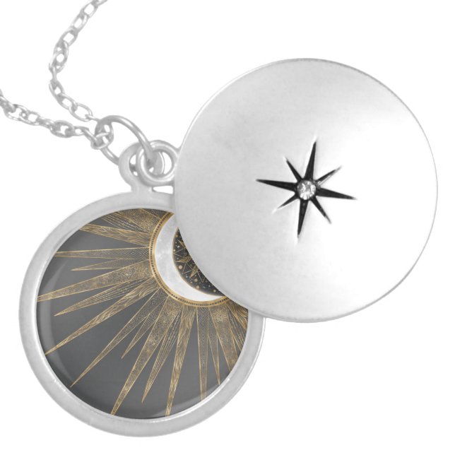 Elegant Gold Doodles Sun Moon Mandala Design Locket Necklace (Front)