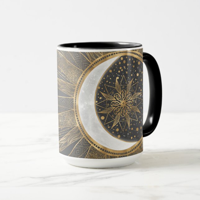 Elegant Gold Doodles Sun Moon Mandala Design Mug (Front Right)