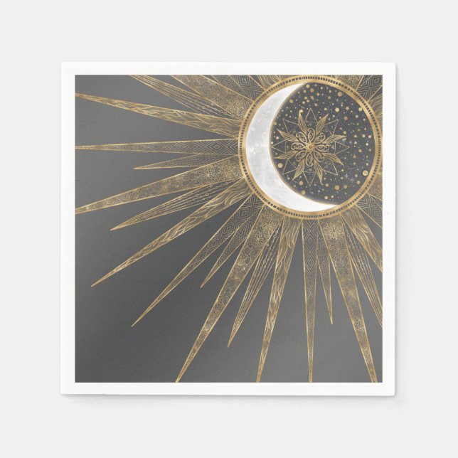 Elegant Gold Doodles Sun Moon Mandala Design Napkins (Front)