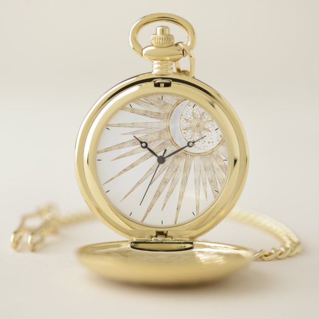 Elegant Gold Doodles Sun Moon Mandala Design Pocket Watch (Inside)