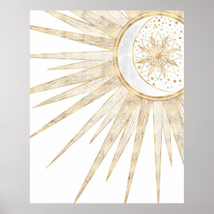Elegant Gold Doodles Sun Moon Mandala Design Poster