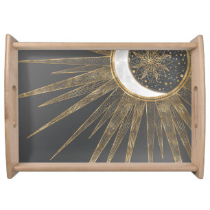 Elegant Gold Doodles Sun Moon Mandala Design Serving Tray