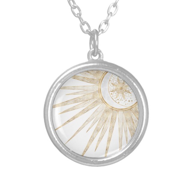 Elegant Gold Doodles Sun Moon Mandala Design Silver Plated Necklace (Front)