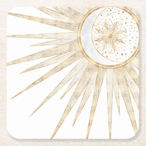 Elegant Gold Doodles Sun Moon Mandala Design Square Paper Coaster