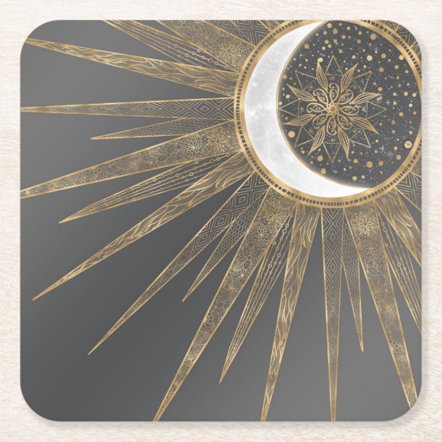 Elegant Gold Doodles Sun Moon Mandala Design Square Paper Coaster (Front)