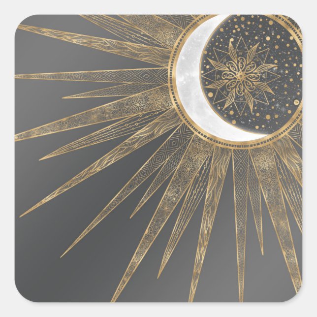 Elegant Gold Doodles Sun Moon Mandala Design Square Sticker (Front)