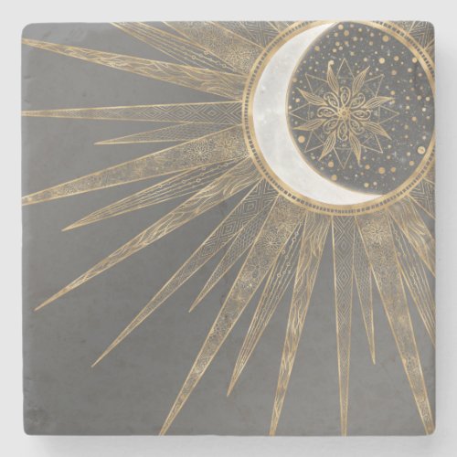Elegant Gold Doodles Sun Moon Mandala Design Stone Coaster