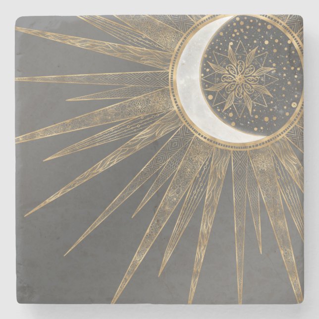 Elegant Gold Doodles Sun Moon Mandala Design Stone Coaster (Front)
