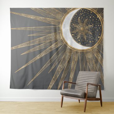 Elegant Gold Doodles Sun Moon Mandala Design Tapestry