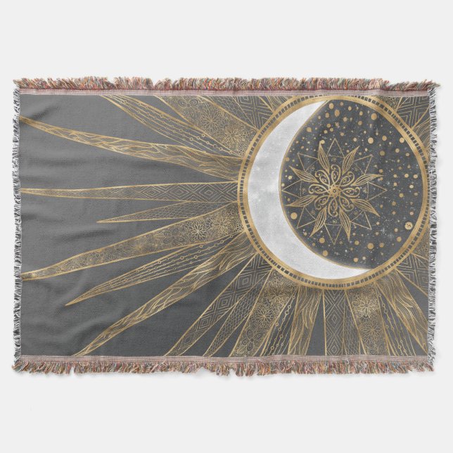 Elegant Gold Doodles Sun Moon Mandala Design Throw Blanket (Front)