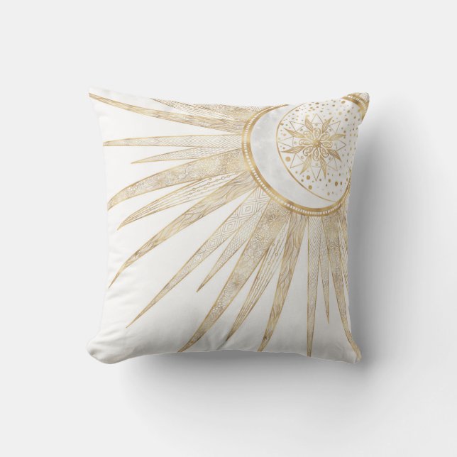 Elegant Gold Doodles Sun Moon Mandala Design Throw Pillow (Front)