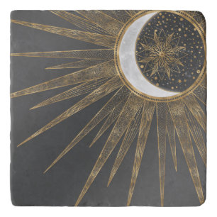 Elegant Gold Doodles Sun Moon Mandala Design Trivet