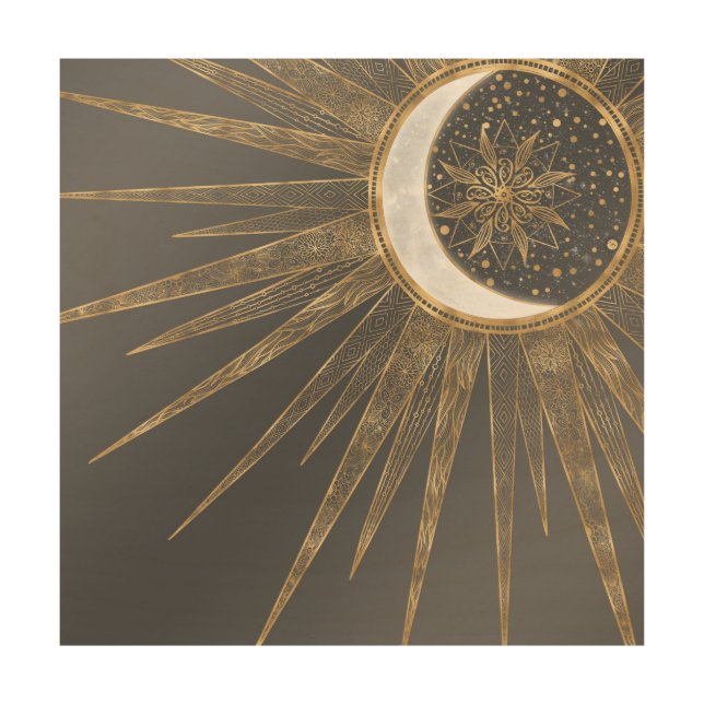 Elegant Gold Doodles Sun Moon Mandala Design Wood Wall Art (Front)